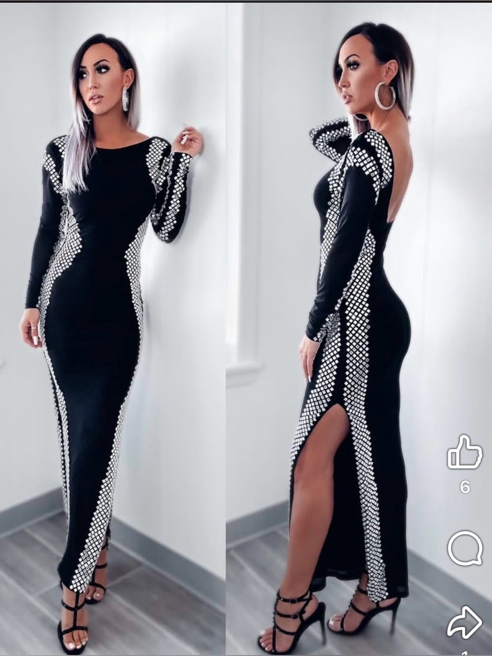 Black mirror embellished gorgeous evening gown, great condition S/M, leg slit